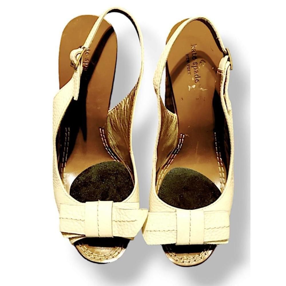 Kate Spade Off White Wedge Front Bow Peep Toe Slingback Leather Sandals 7.5M